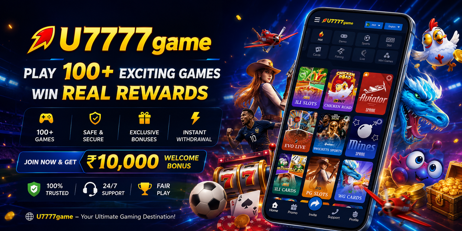 u7777 game official banner: play 100+ exciting games, win real rewards, join now and get ₹10,000 welcome bonus