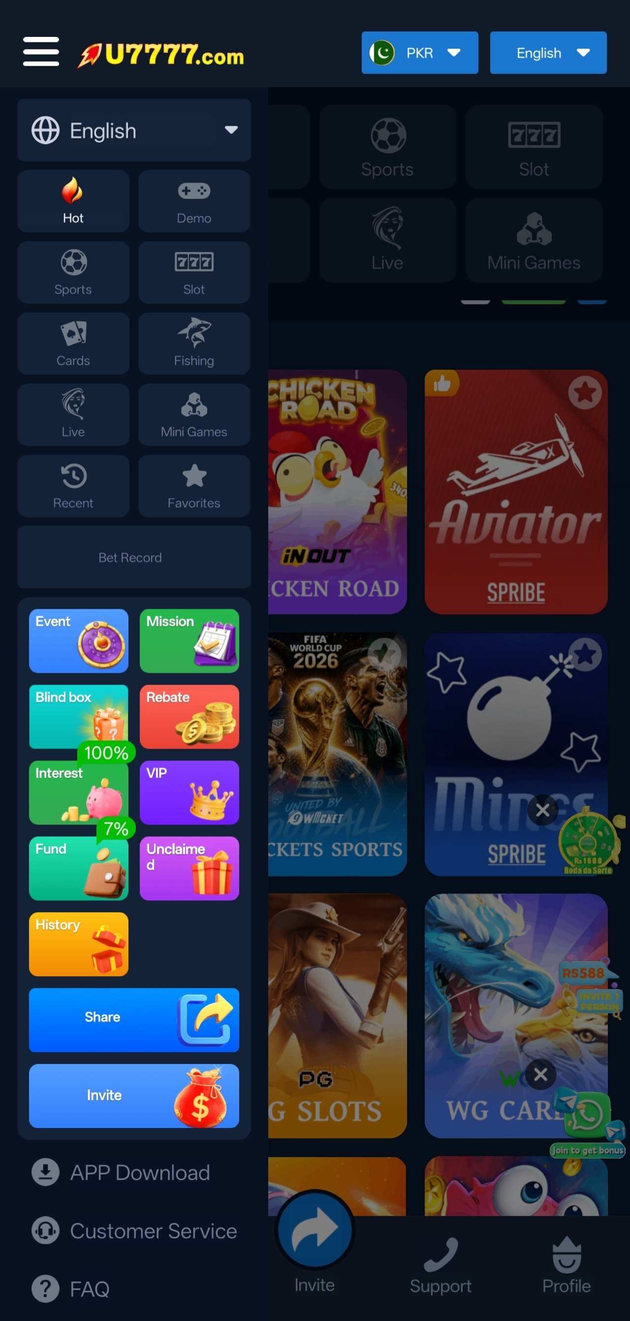 u7777 side menu with game categories, events and app download shortcut