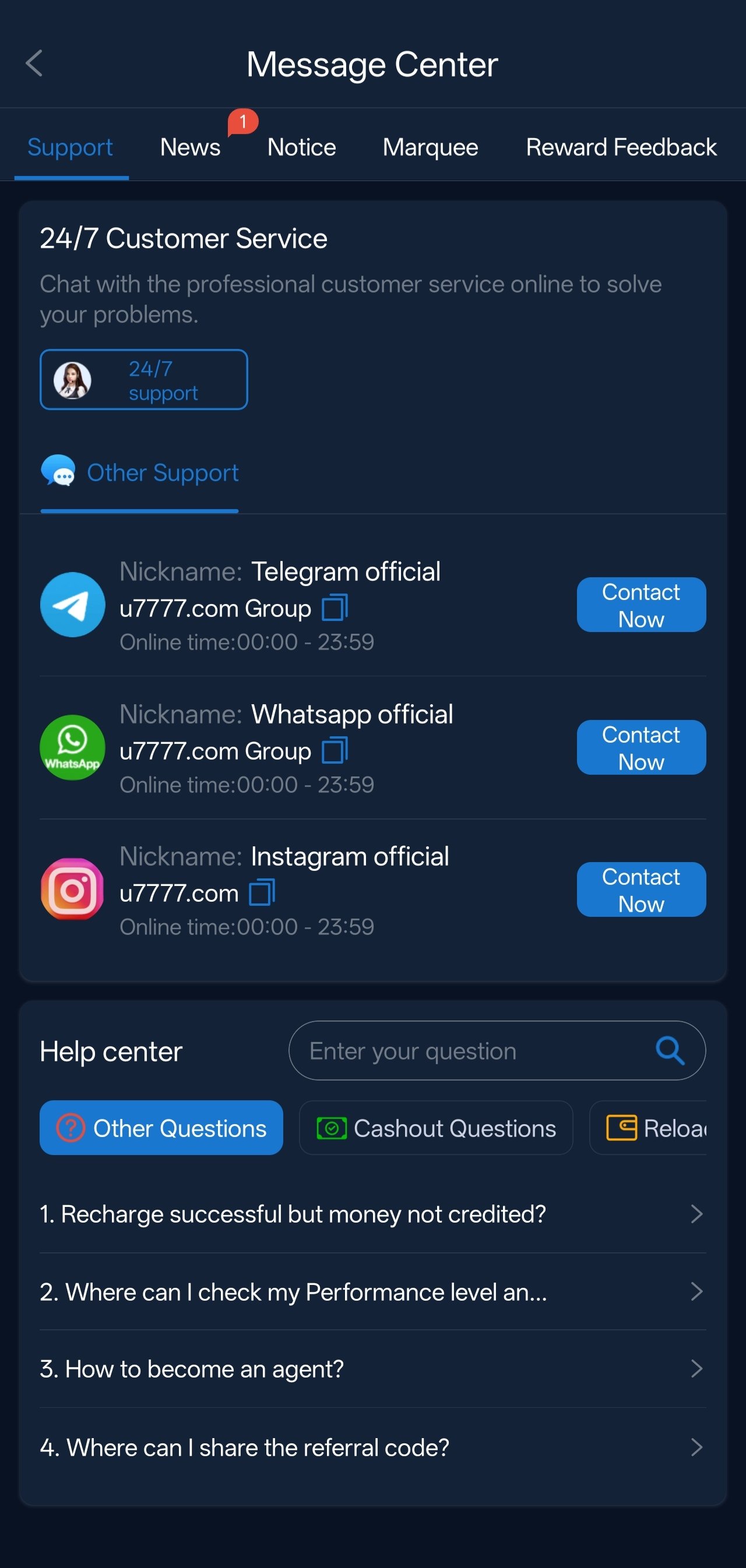 u7777 message centre with 24/7 customer service and Telegram support