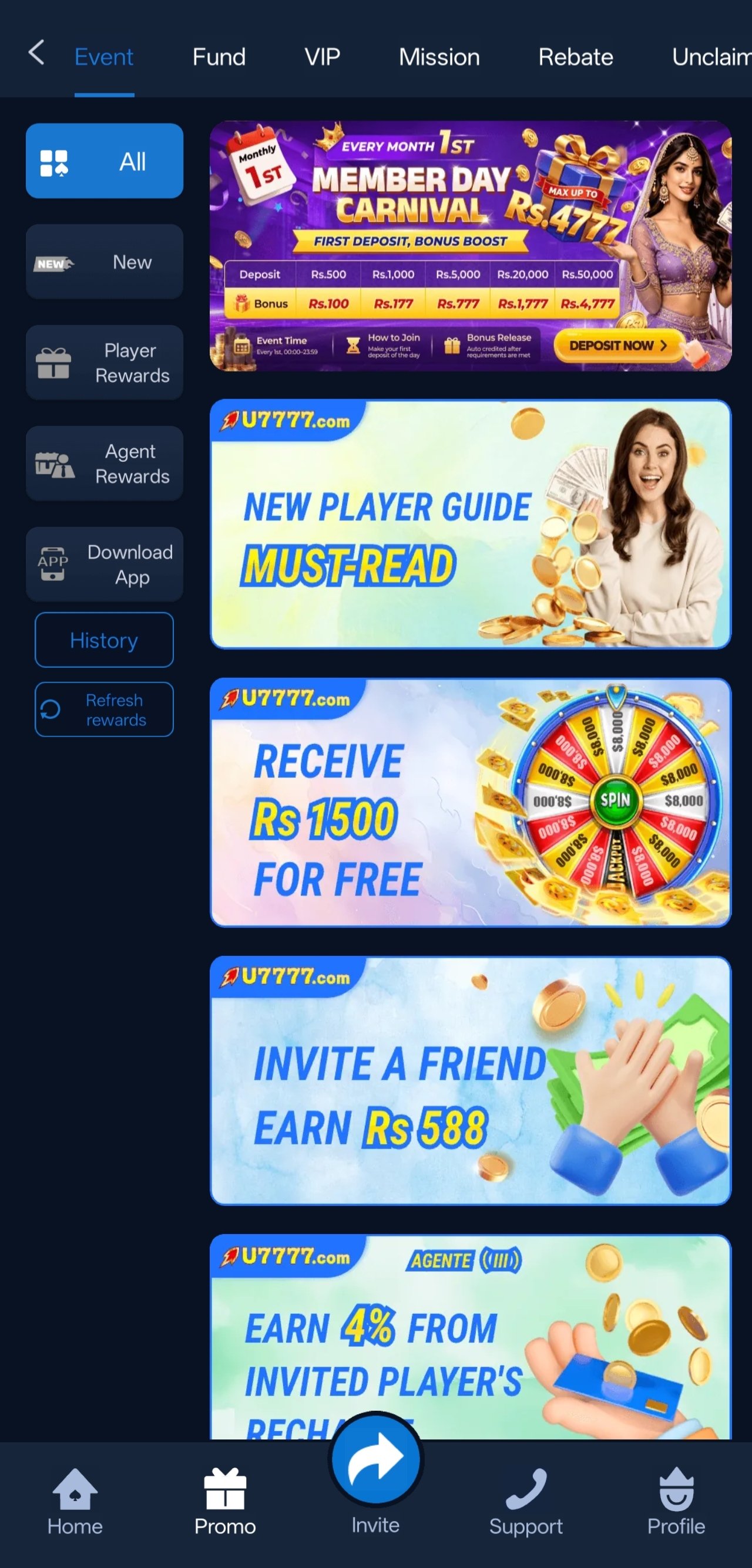 u7777 app promotions page with Member Day Carnival and free bonus events
